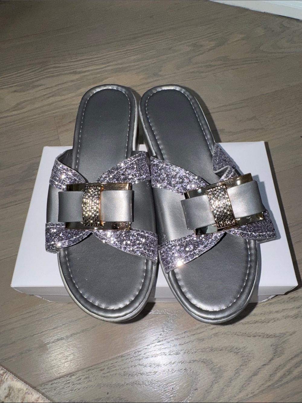 Glitter Bow Slide Sandals in Silver
